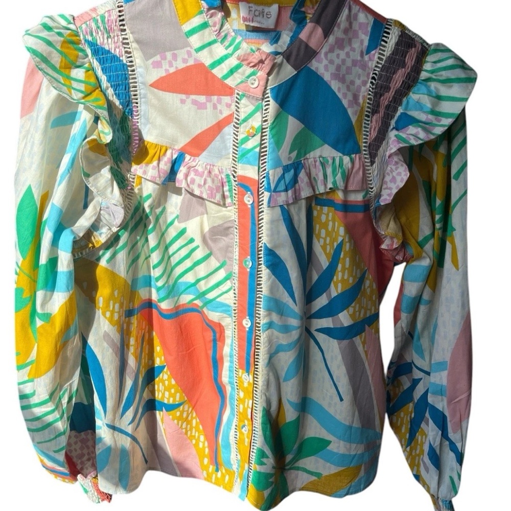 Fate Abstract Statement Sleeve Blouse Sz Small Ruffle Smocked Detail Colorful